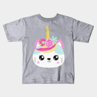 Unicorn Cat, Cute Cat, Little Cat, Flowers, Kitty Kids T-Shirt